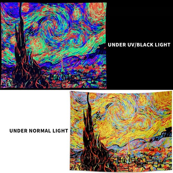 Black Light Neon Starry Night Vincent Van Gogh Big Wall Tapestry Blacklight New - Picture 3 of 8